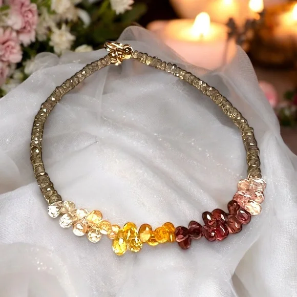 Natural Green , Plum and Yellow Sapphire Bracelet Handmade Solid 14K Yellow Gold - Picture 8 of 11